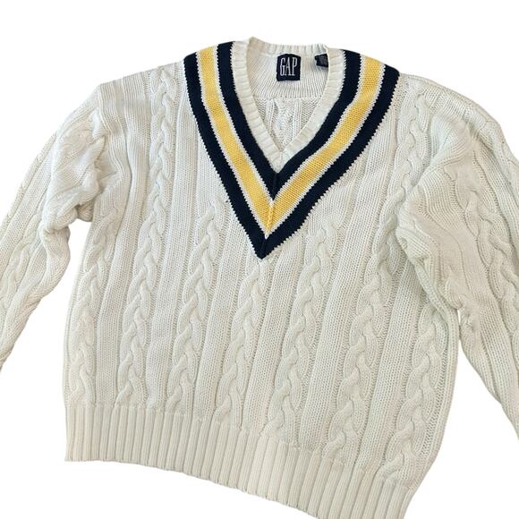 Vintage GAP White Cable Knit Cricket Sweater Preppy Tennis Sweater / Large - - Picture 5 of 5